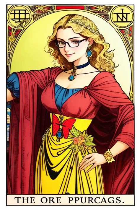 tarot card, a young woman in in round bronze glasses, choker, blond hair, smile, beautiful painting by artgerm and greg rutkowsk...