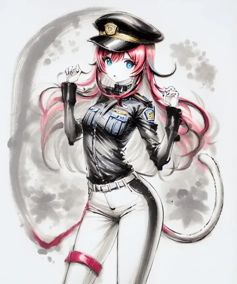 1girl, inkwash,
policewoman,red_hair,blue big eyes, long hair,(white_streaked), Animal ears, cat ears,cat tail, police_uniform,tight pants,police_hat,small breasts,
<lora:inkwash:1.2>,