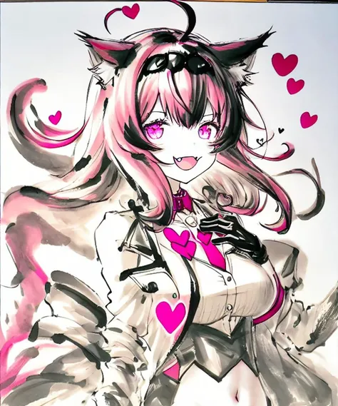 1girl, inkwash,
1girl, long hair, solo, pink hair, pinkeyes, looking at viewer,
cat girl,ahoge, animal ear fluff, limited palette, gloves,shirt, tie, spoken heart, medium breasts, meme attire, pink hair, short hair, collar, stomach, cat tail, depth of fiel...