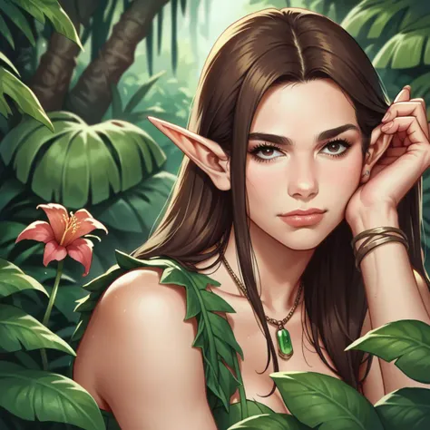 a woman with long hair and elf ears posing in the jungle