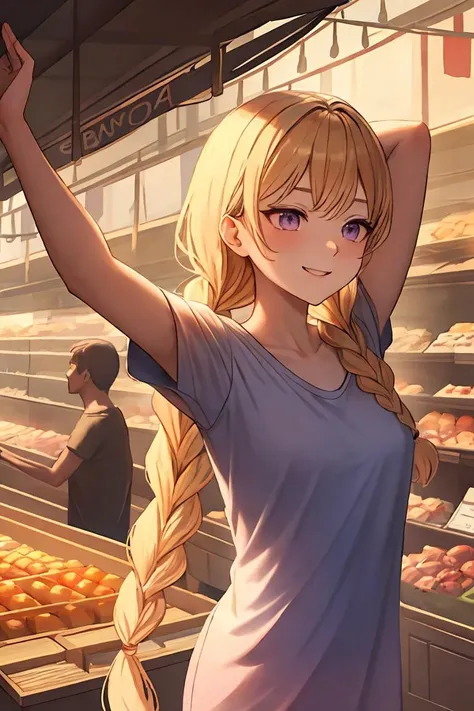 anime girl in a grocery store with her arms up