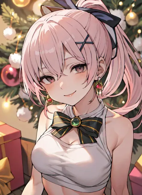 anime girl with pink hair and a bow tie standing in front of a christmas tree