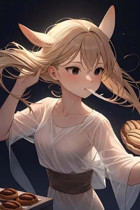 anime girl with long blonde hair holding a plate of donuts