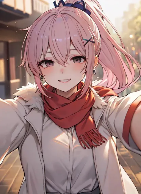 anime girl with pink hair and scarf holding up her hand