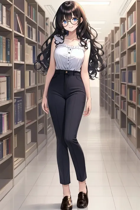 <lora:longleg:0.6>, long legs, <lora:pnclpnts:0.6>, pencil pants, library, glasses, round eyewear, curly hair, black hair, blue ...