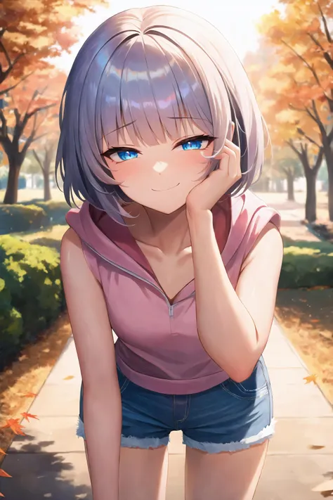 anime girl with blue eyes and short hair standing on a sidewalk