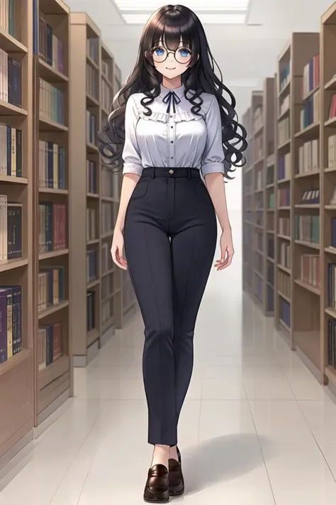 <lora:longleg:0.6>, long legs, <lora:pnclpnts:0.6>, pencil pants, library, glasses, round eyewear, curly hair, black hair, blue ...