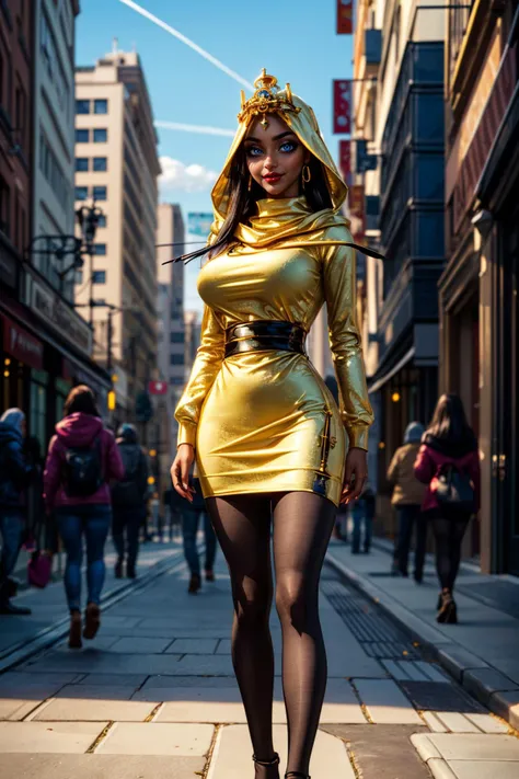 araffe dressed in a golden dress and black tights walking down a street