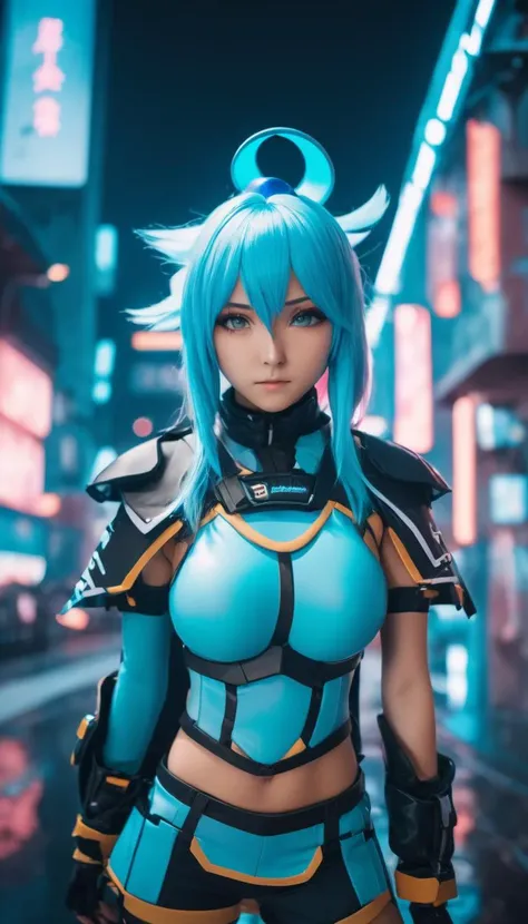 cinematic photo Aqua, Konosuba, (reimagined in a cyberpunk universe), (cyberpunk style), (cyberpunk), (cyberpunk outfit), augmentation, cybernetics, (cyberpunk outfit), (punk hair), glowing neon lights, cinematic scene, hero view, action pose, masterpiece,...