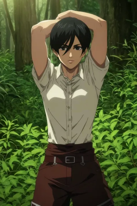 a man in a white shirt and brown pants standing in a forest