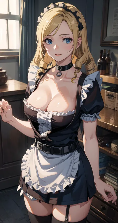 highres, sharp focus, pixiv masterpiece, ((intricate details)), highly detailed, solution_epsilon, (upper body,:1.2), 1girl, blonde hair, thighhighs, drill hair, cleavage, choker, maid, dress, frills, belt, blue eyes, <lora:Solution Epsilon v1_1:0.7>