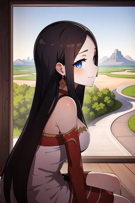 1girl,solo,    detailed eyes, perfect face,  Seated pose, three-quarter view, slight turn towards viewer, distant landscape backdrop, rolling hills, hazy mountains, winding river. black hair,  serene smile,delicate strands, (mona lisa:1.1),
, <lora:WaeroAr...