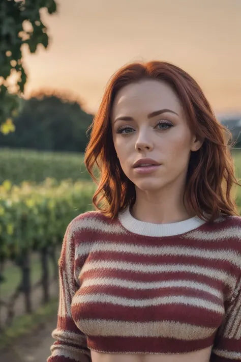 photo of S138_EllaHughes, an attractive woman, on a (wine-yard:1.2), wearing a (striped-sweater:1.2) and a (skirt), (sunset:1.1), (8k, RAW photo, best quality, depth of field, ultra high res:1.2), (absurdres, intricate, photorealistic, masterpiece, ultra-d...