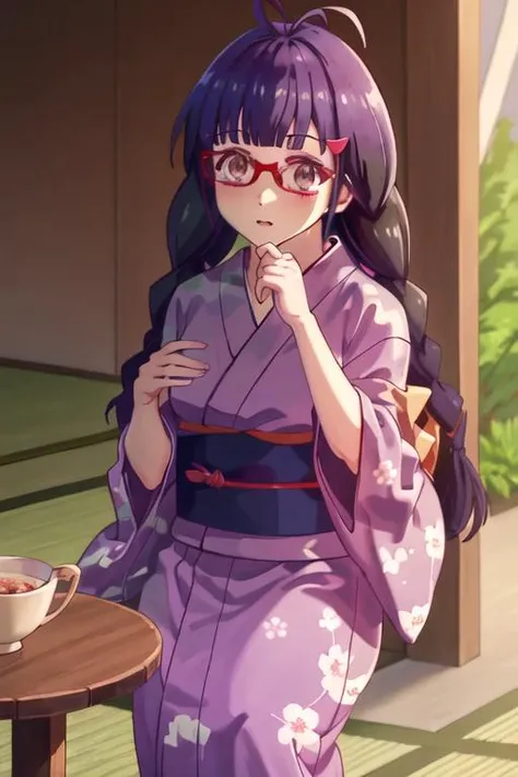 best quality, masterpiece, highres, solo, {yukata:1.40}, {kimono:1.20}, {izumisawa_aoi_renaiflops:1.15}, long_hair, glasses, red-framed_eyewear, braid, hair_ornament, twin_braids, hairclip, black_hair, bangs, brown_eyes, antenna_hair, purple_hair