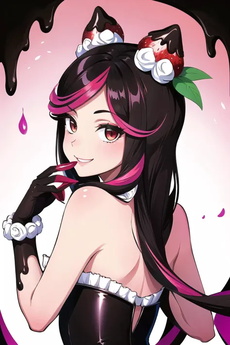 anime girl with black hair and pink hair wearing a black corset