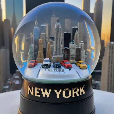 A detailed miniature cityscape of New York inside a snowglobe, complete with tiny cars and buildings, against the backdrop of a bustling modern city skyline, (logo text âNew Yorkâ:1.5) <lora:Snow_Globes_for_SDXL-000010:1>,<lora:texta:1>, best quality, ...