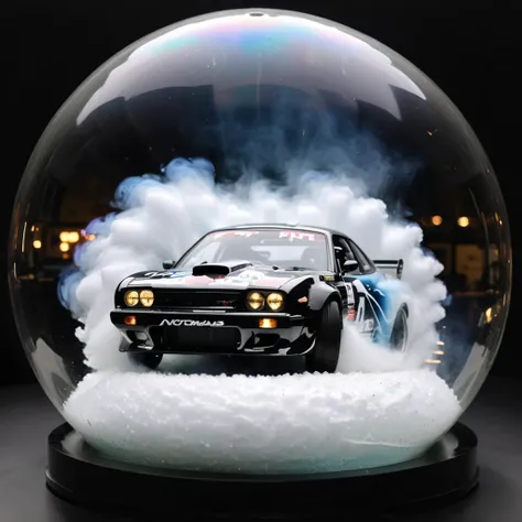 (in a snowglobe:1.4), In this digital art piece, we are presented with a close-up view of a Japanese drift car, its tires screeching and smoke billowing out in a mesmerizing display. The cars logo is prominently displayed, while the sleek lines and curves ...