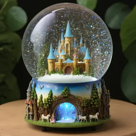 A snowglobe containing a magical fantasy castle surrounded by mythical creatures, set against an enchanted forest background with fairies and unicorns.<lora:Snow_Globes_for_SDXL-000010:1>, best quality, uhd, 8k, detailed