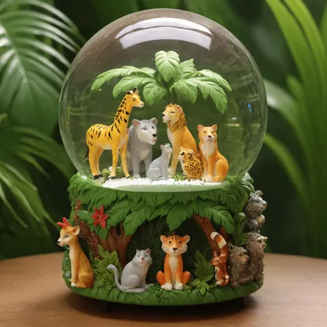 A snowglobe with a humorous cartoon jungle scene, featuring playful animals and exaggerated plants, against a background of a whimsical jungle adventure.<lora:Snow_Globes_for_SDXL-000010:1>, best quality, uhd, 8k, detailed