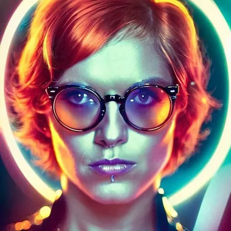 neongirls a naked milf (serious:1.0) woman with oily skin and big breasts, (ginger bob haircut:1.2), (round glasses:1.1),detailed face, high quality, very sharp, intricate detail, professional photography <lora:mof-neongirls-v1_0:0.8>