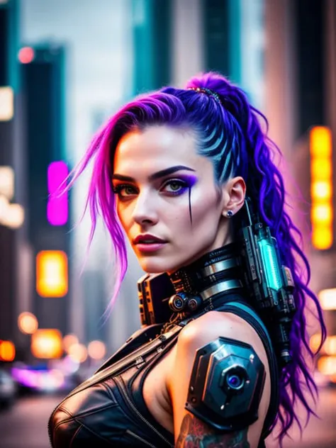 a woman with purple hair and a gun in a city