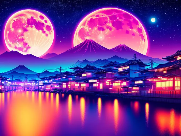 synthwave japanese town with moon background, sharp focus, 8 k, high details