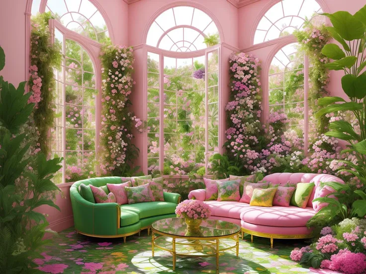 architectural digest photo of a maximalist green solar living room with lots of flowers and plants, golden light, hyperrealistic...