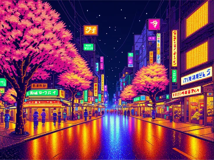 detailed pixel art scene of tokyo street at night. 8k. city at night. 3d pixel art wallpaper. incredible pixel details. flowers....