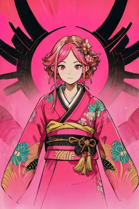 a woman in a pink kimono outfit with a large bird on her shoulder