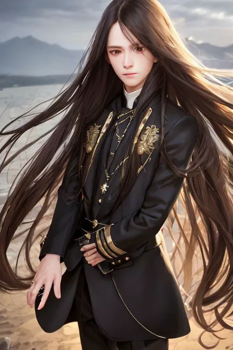 a woman with long hair standing on a beach near the ocean