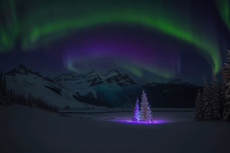 a green and purple aurora bore over a snowy landscape with trees