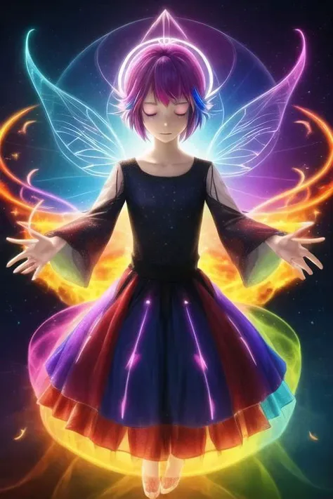 a girl in a dress with a rainbow wings and a halo around her