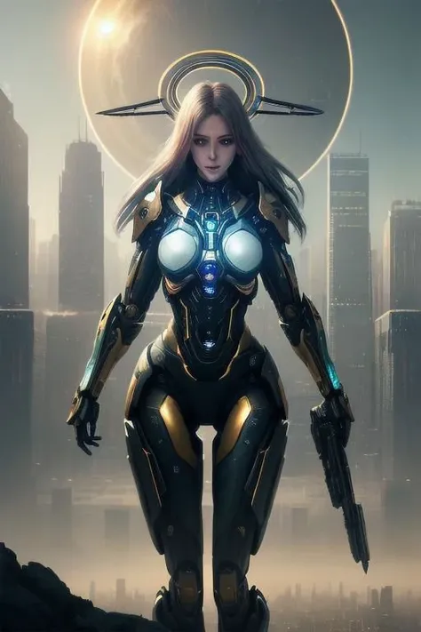 a woman in a futuristic suit holding a gun and standing on a rock