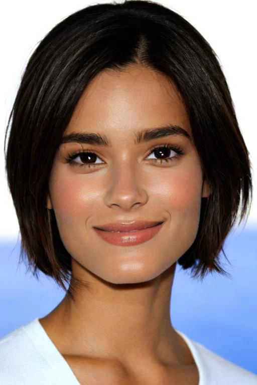 a close up of a woman with a short haircut and a white shirt