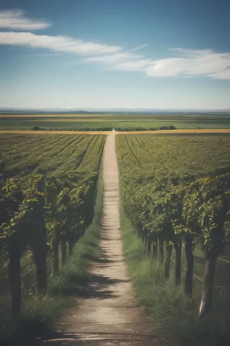 a view of a dirt road in a field with a row of vines