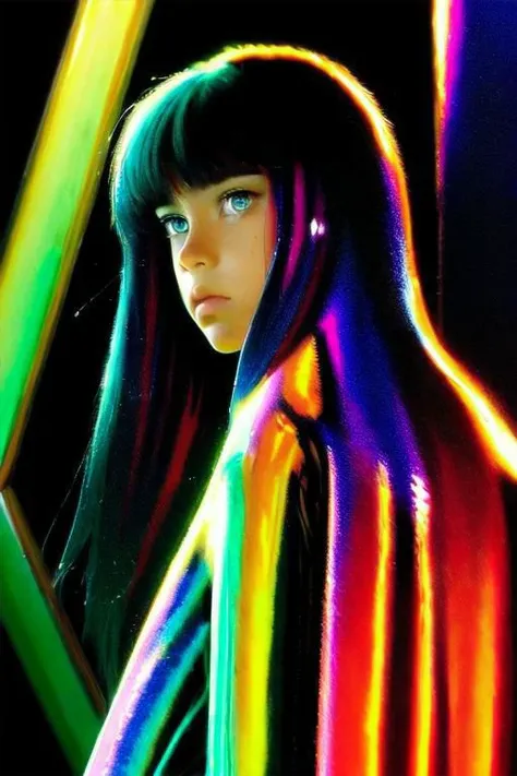 a close up of a person with long hair and a rainbow colored wig