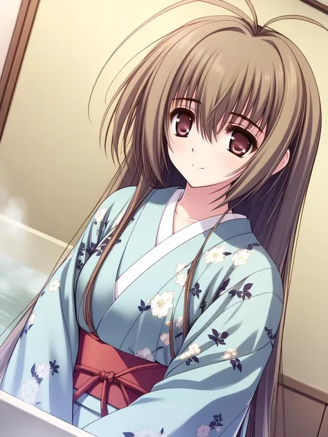 <lora:MiyanokoujiMizuho:0.8>, MiyanokoujiMizuho, solo, 1girl, long hair, japanese clothes, dutch angle, brown hair, smile, kimono, very long hair, antenna hair, bangs, upper body, yukata, hair between eyes, bath yukata, red eyes, closed mouth, white kimono...