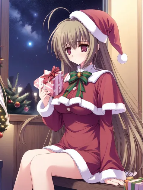 <lora:MiyanokoujiMizuho:0.8>, MiyanokoujiMizuho, berry long hair, ahoge,
Christmas, SantaClaus, hat, night, starry sky, sitting,
masterpiece, high quality, very_high_resolution, large_filesize, full color,