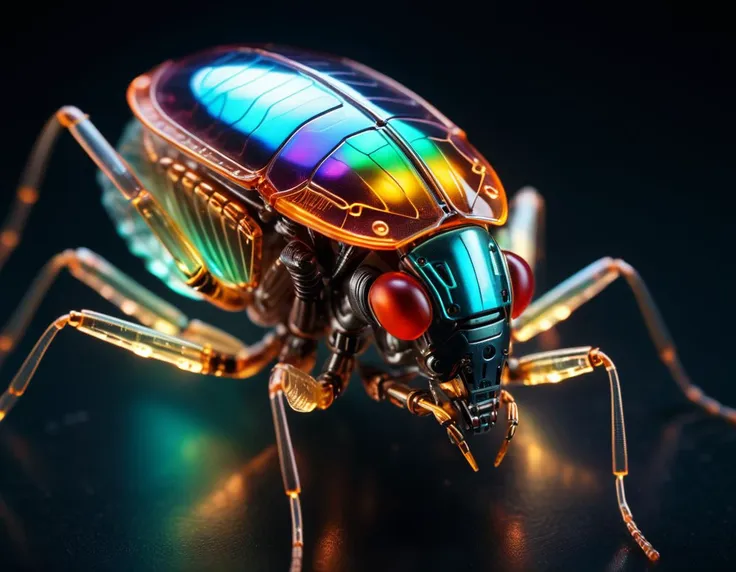 a close up of a colorful insect on a black surface