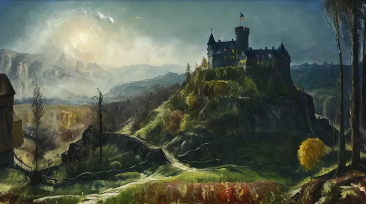 landscape painting, (George Bellows style:1.3), oil on canvas, (American Realism:1.1)
a dreamy fantasy big castle  in the style of neo-romanticism painting  , hard lighting Bokeh Panorama and Lens Flare and volumetrics dtx and ((light bokeh)) , , intricate...