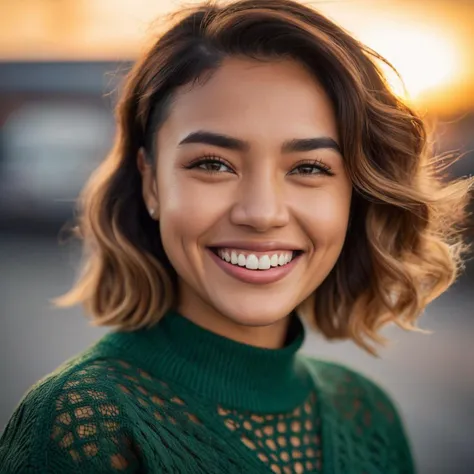 (very close shot, close-up zoomed in face portrait:1.5) photo of a laughing, (perfect teeth:1.4) Sad Petite young 30 year old Maori woman with Short Wavy Bobbed Golden hair, Brown Wide eyes, Square face, Medium nose, Defined jaw, Thin mouth, Thick brows, S...