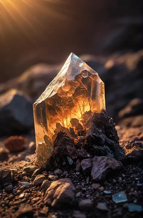 (introduce quality iteratively))((large glowing transparent natural mineral, mystic light inside, sunbeam,  sunset, lightnings, ...