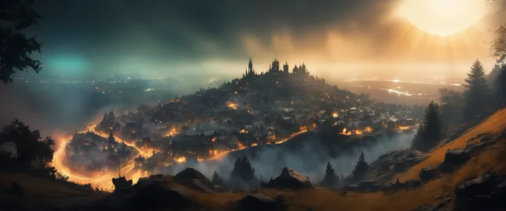 on a hill looking down to aa dreamy fantasy small city  in the style of ink painting  , hard lighting and cinematic lighting Motion Blur and Radial Blur and Lens Flare and volumetrics dtx , , fluid Frank Frazetta , 
((photo raw)),