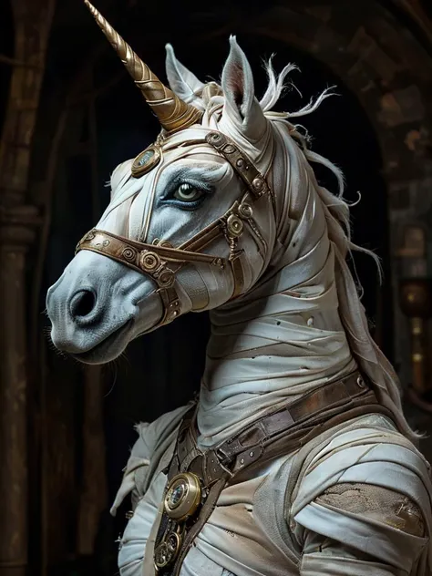 award winning photograph of a mummyfied unicorn with radiant grace in wonderland, magical, whimsical, fantasy art concept, steampunk, intricate details, best quality, masterpiece, ultra sharp, hyper realistic, realism <lora:mummy:1>