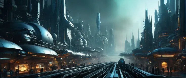 outside of a a smogy  futuristic cyberpunk town  in the style of a mix between godrays movie  still and Radial Blur and Tilt-Shift Blur and Swirl Bokeh , , sci-fi , science fiction with intricate detail in the style of Ron Miller and and a mix of surreal f...