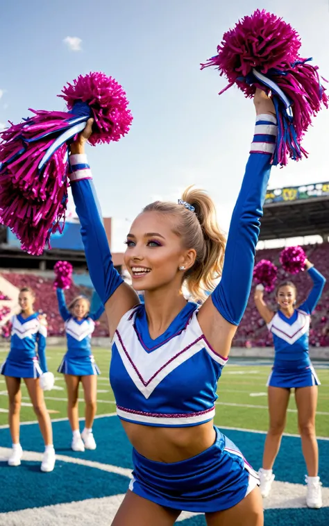 (25 years old, large covered breasts, cleavage, skinny, slender, young woman:1.5), (Oval-shaped face, luminous complexion, Bright almond-shaped eyes, Arched defined eyebrows, retroussé nose, bow-shaped lips:1.2), university football field, late afternoon g...