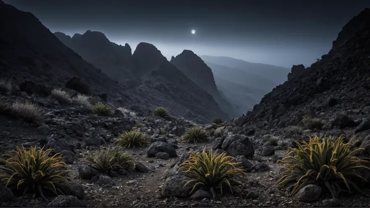 Landscape photo of a (spooky:1.5) hills with rocks and plants in the background, arid landscape, night, foggy
(intricate sharp details:1.5), ultra high res