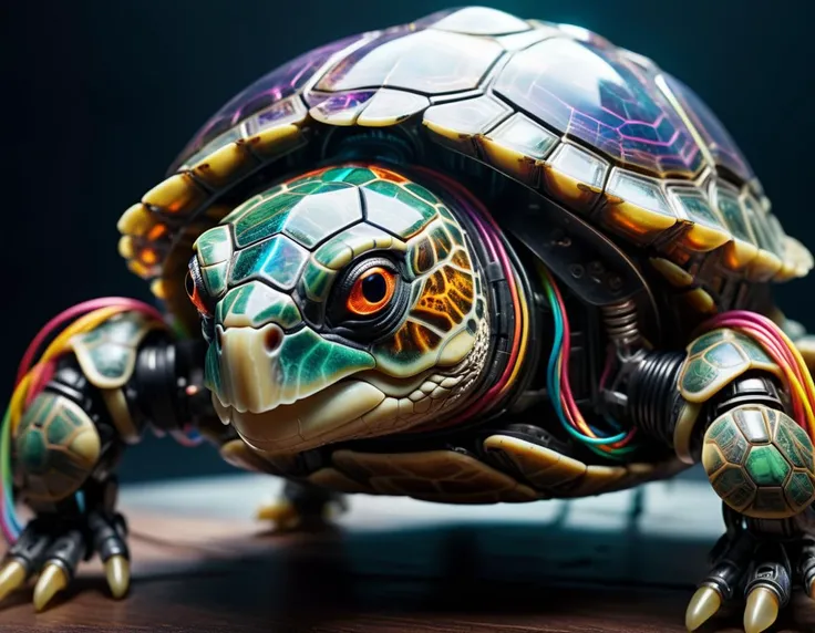 cinematic film still of a translucent (cybernetic robot-like Turtle:1.5), (rainbow-colored glowing veins:1.3) (cables going into body, circuits:1.3), extremely detailed, <lora:xl_more_art-full_v1:0.5>, vignette, highly detailed, high budget, bokeh, moody, ...