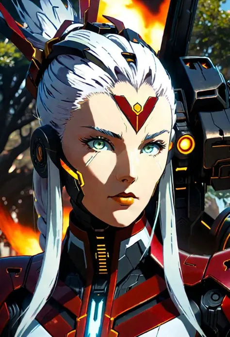 anime game, close up, a beautiful woman with white face and white hair in a braid and red forehead ribbon, she is wearing a white futuristic darkness god radiance god mech armor burning and smoking destroyed radiance boss golden Titan Cyberpunk Venom Evang...