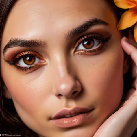 Her brown eyes are a captivating mosaic of warm hues, reminiscent of rich mahogany and velvety earth tones. The depth of her gaze is adorned with a subtle interplay of lighter and darker shades, creating a nuanced tapestry that reflects both strength and t...